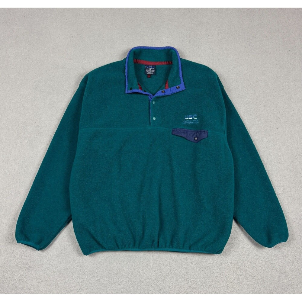 Port Authority Fleece Pullover Size XL Teal Snap Button Neck Pocket Sweater Mens